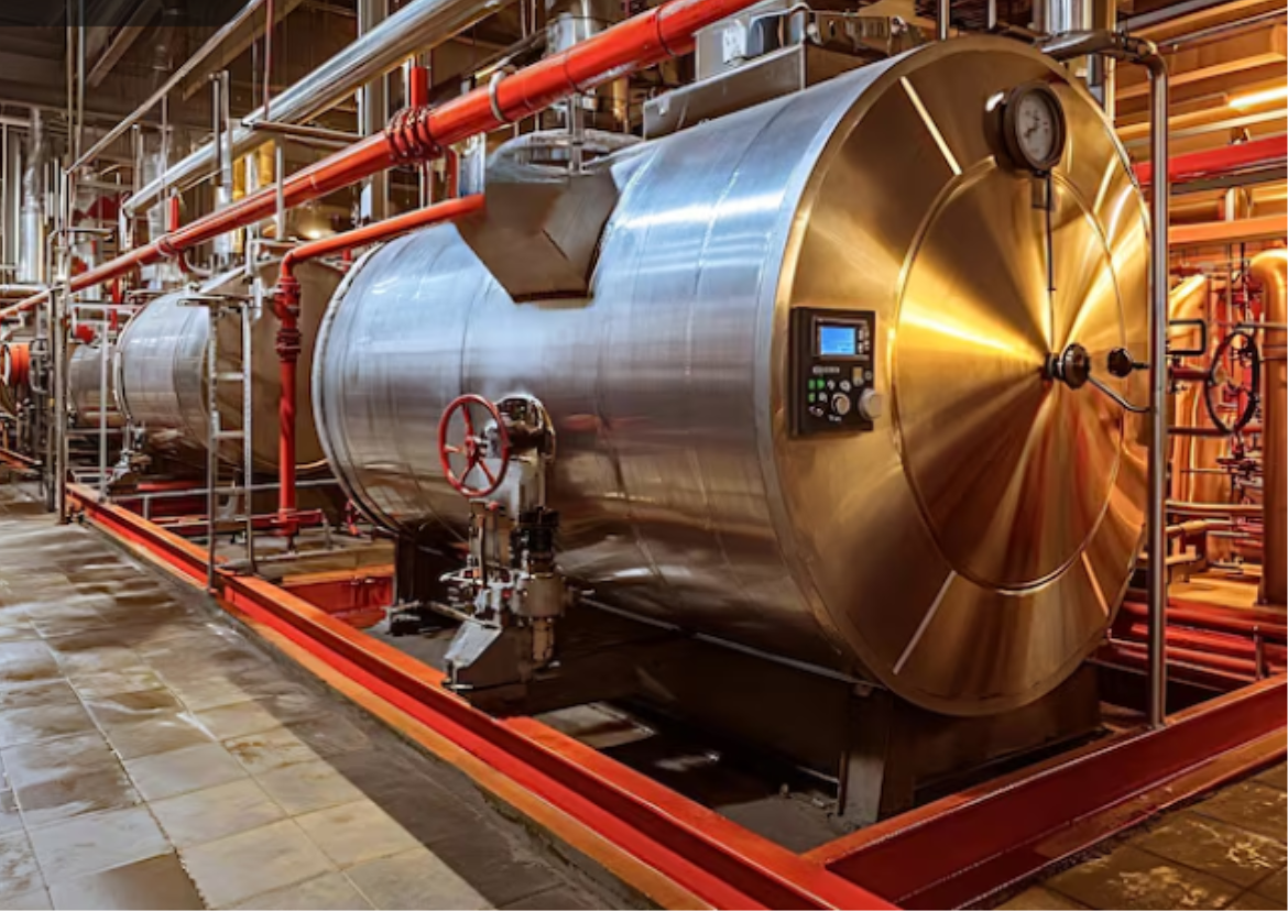 Caldeira industrial e sistema de tubulações inspecionados conforme a NR 13 — serviços de segurança do trabalho da Prisma Engenharia em Fortaleza-CE.
