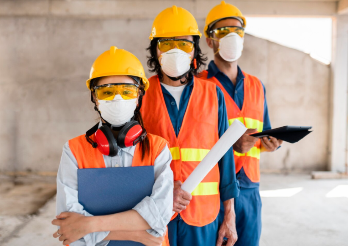 Equipe técnica de segurança do trabalho utilizando EPIs durante inspeção e avaliação de riscos ocupacionais em ambiente industrial em Fortaleza CE