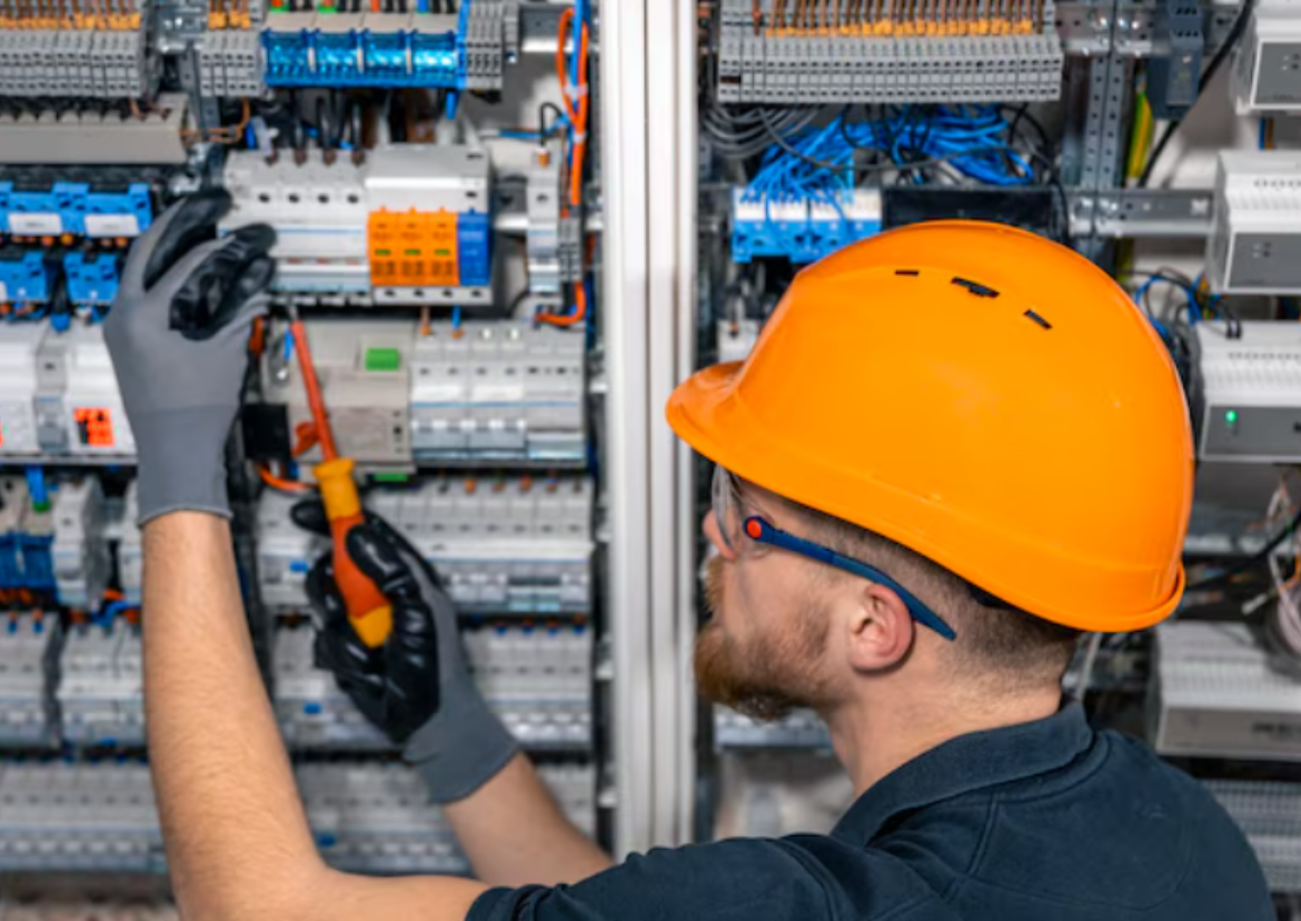 Profissional utilizando EPI durante inspeção e manutenção em painel elétrico, conforme normas de segurança do trabalho e NR-10, em ambiente industrial em Fortaleza CE