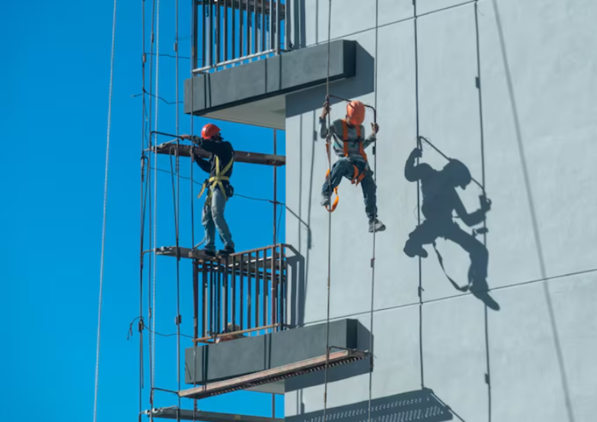 Trabalhadores realizando serviço em altura conforme a NR 35, utilizando equipamentos de segurança em fachada de prédio, empresa especializada em trabalhos em altura em Fortaleza-CE.